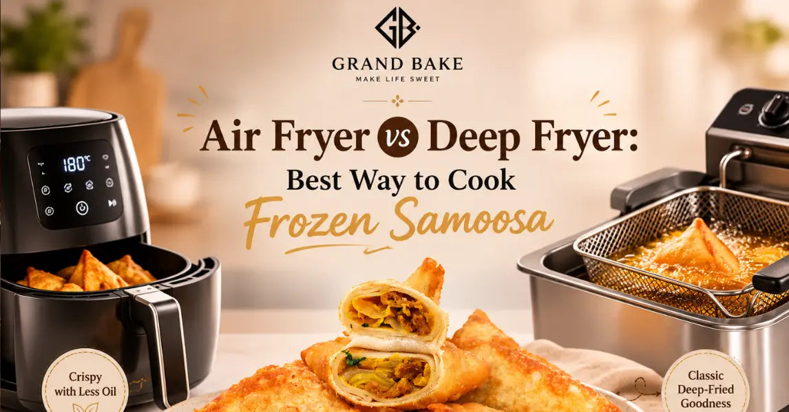 Air fryer vs deep fryer comparison for cooking frozen samosas, a popular frozen snack in UAE, featuring crispy golden samosas prepared with less oil or traditional deep frying.