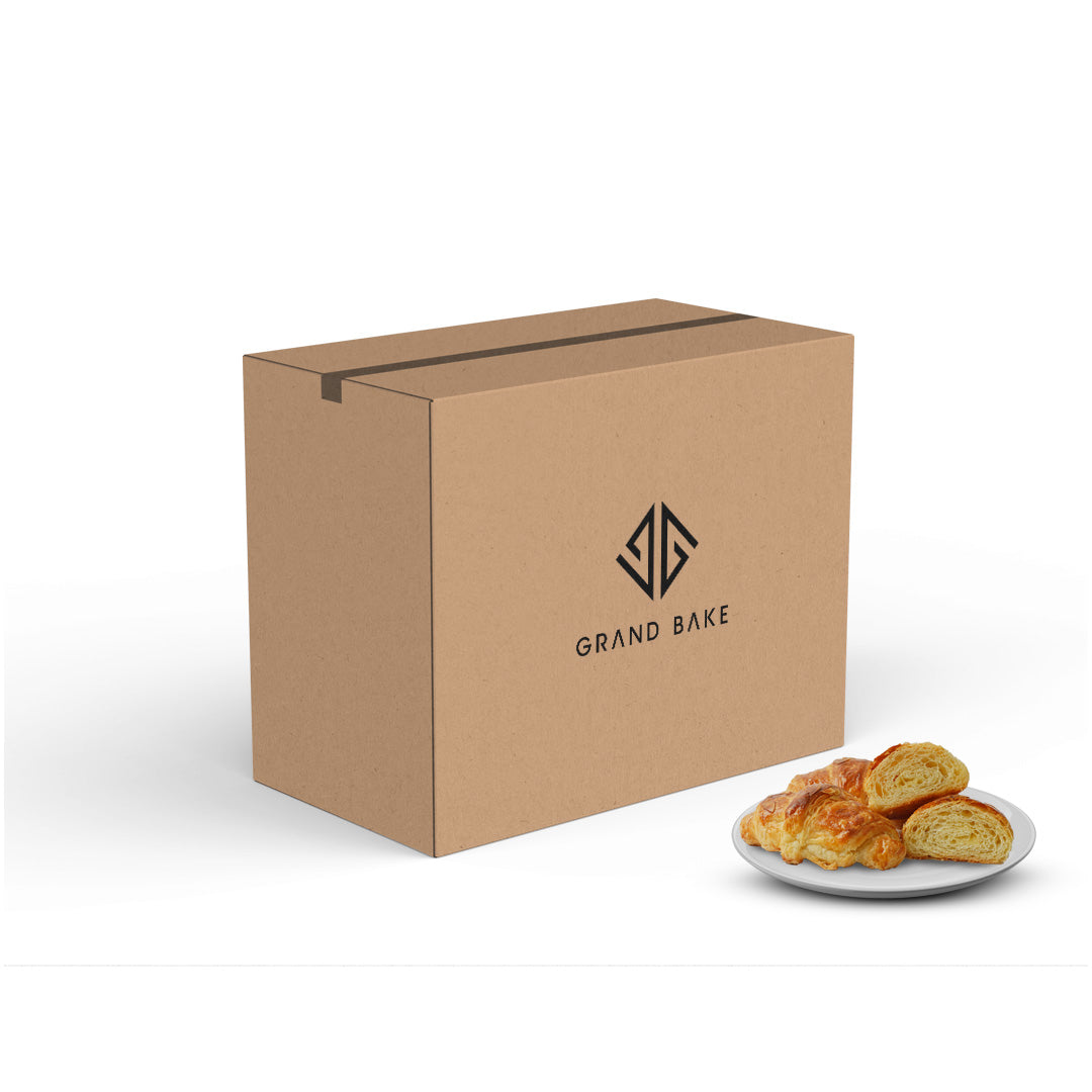 CARTON BOX CONTAIN CROISSANT ALMOND 30GM*200 PC  NEXT TO A PLATE OF CROISSANT ALMOND