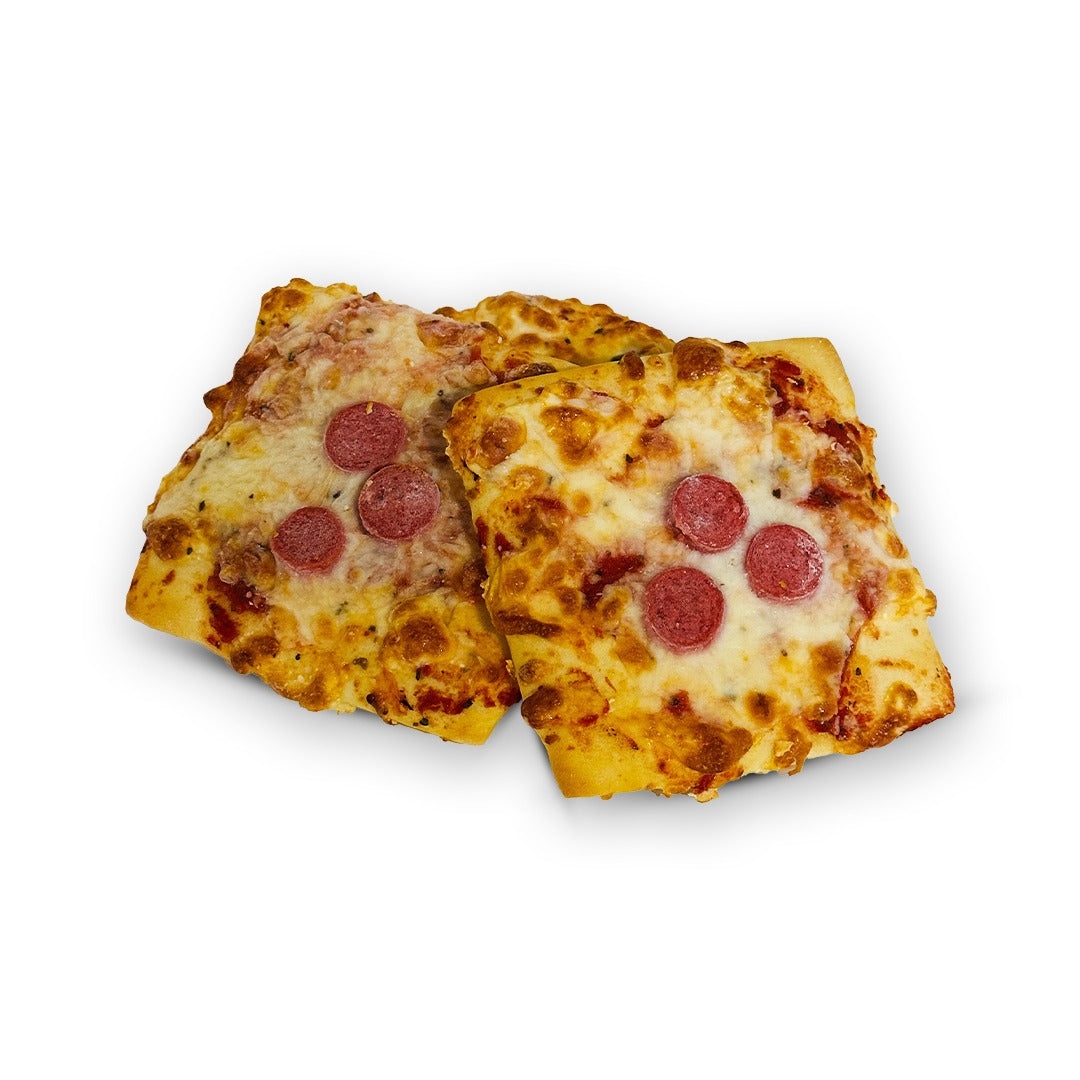 Two slices of beef sausage pizza with visible cheese, sauce, and sausage toppings on a white background.
