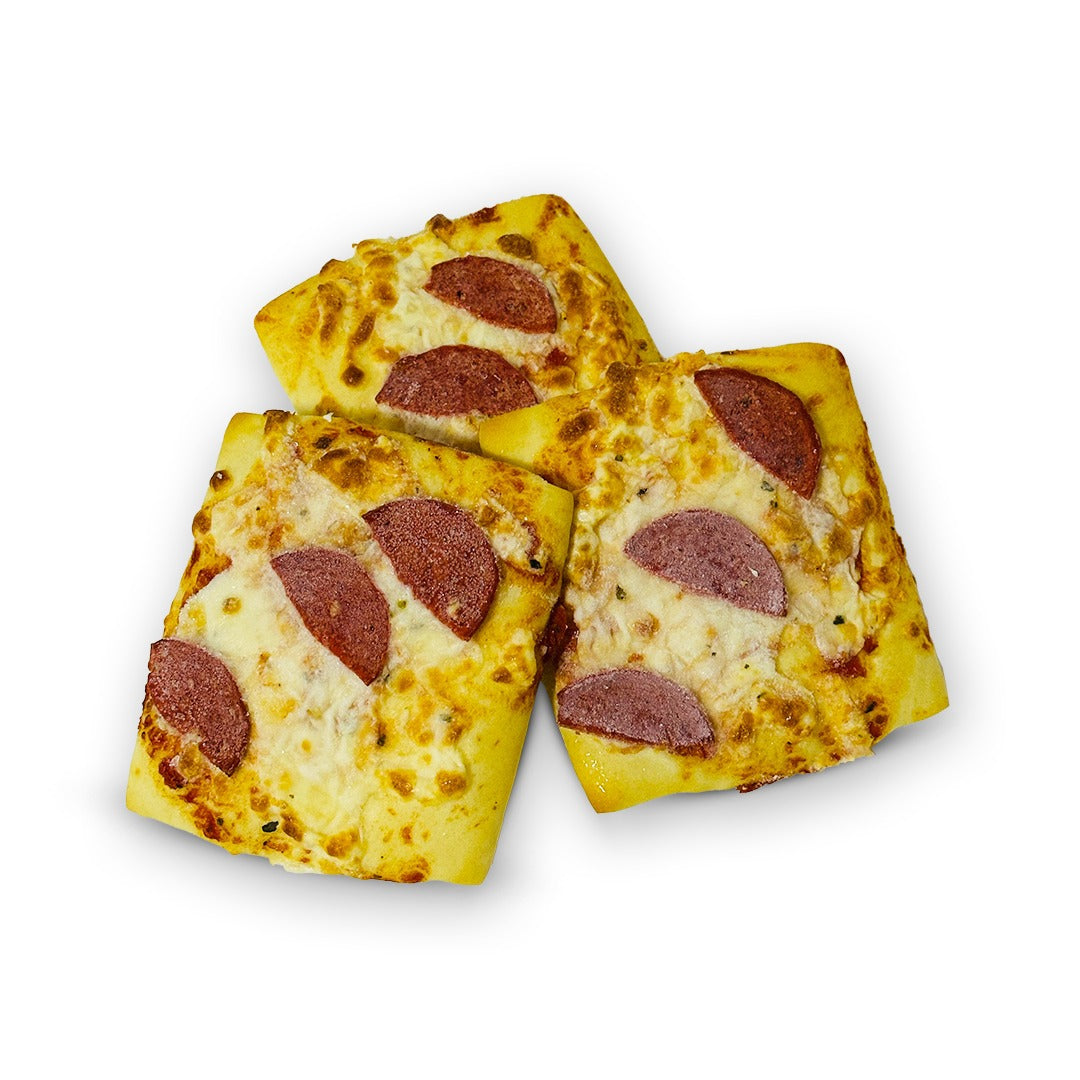 Three square slices of pepperoni pizza topped with melted cheese and sliced pepperoni, arranged on a white background.