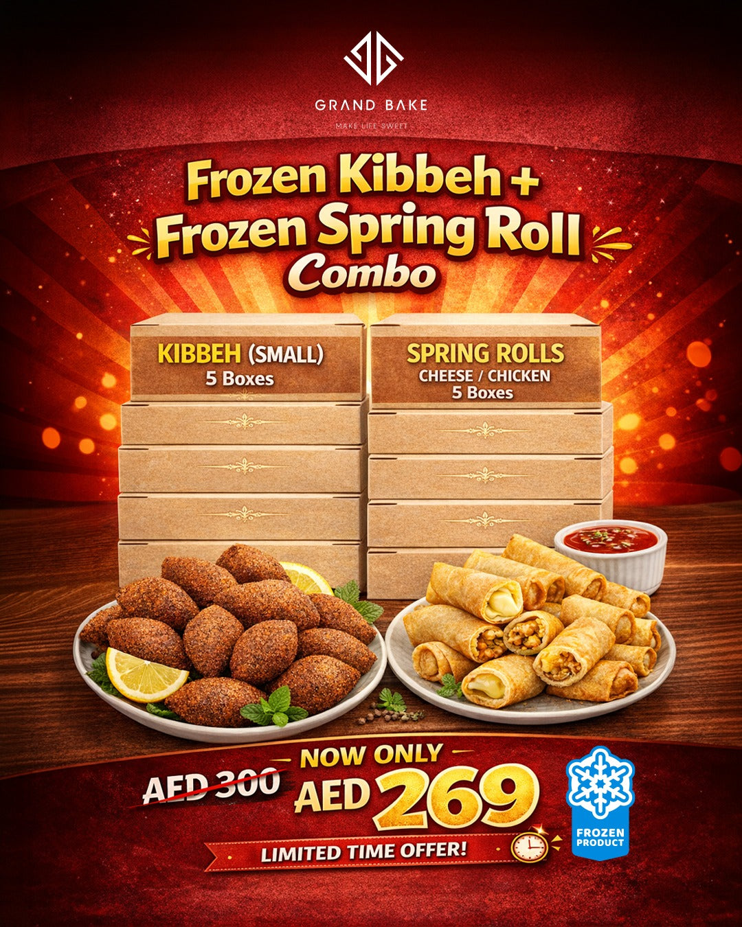 5 small boxes KIBBEH and 5 boxes of cheese or chicken spring rolls are now only AED 269