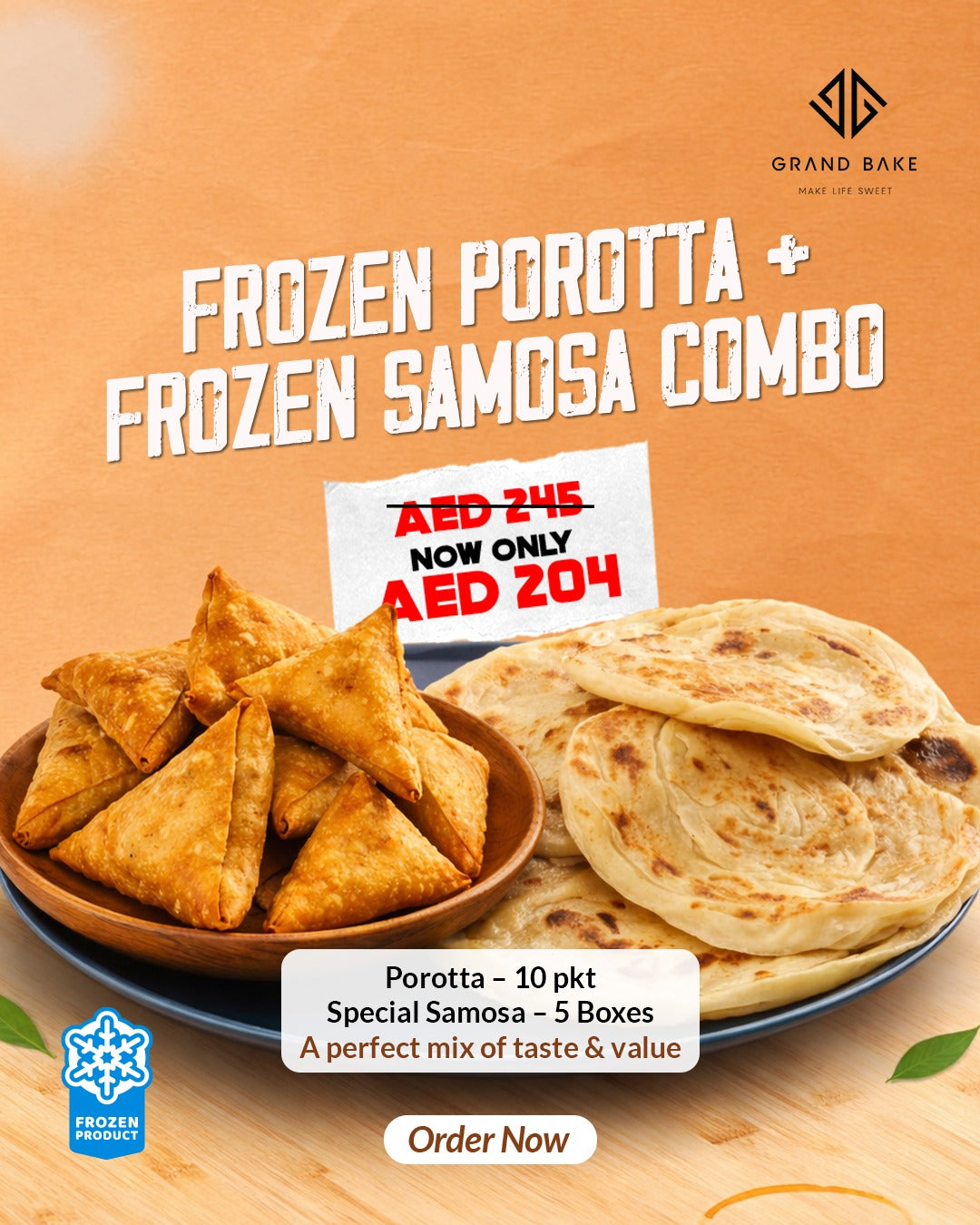 Frozen porotta and frozen samosa combo promotion featuring a plate of golden-brown samosas and layered Kerala-style porottas 10 porottas and 5 special samosa boxes for AED 204, reduced from AED 245.