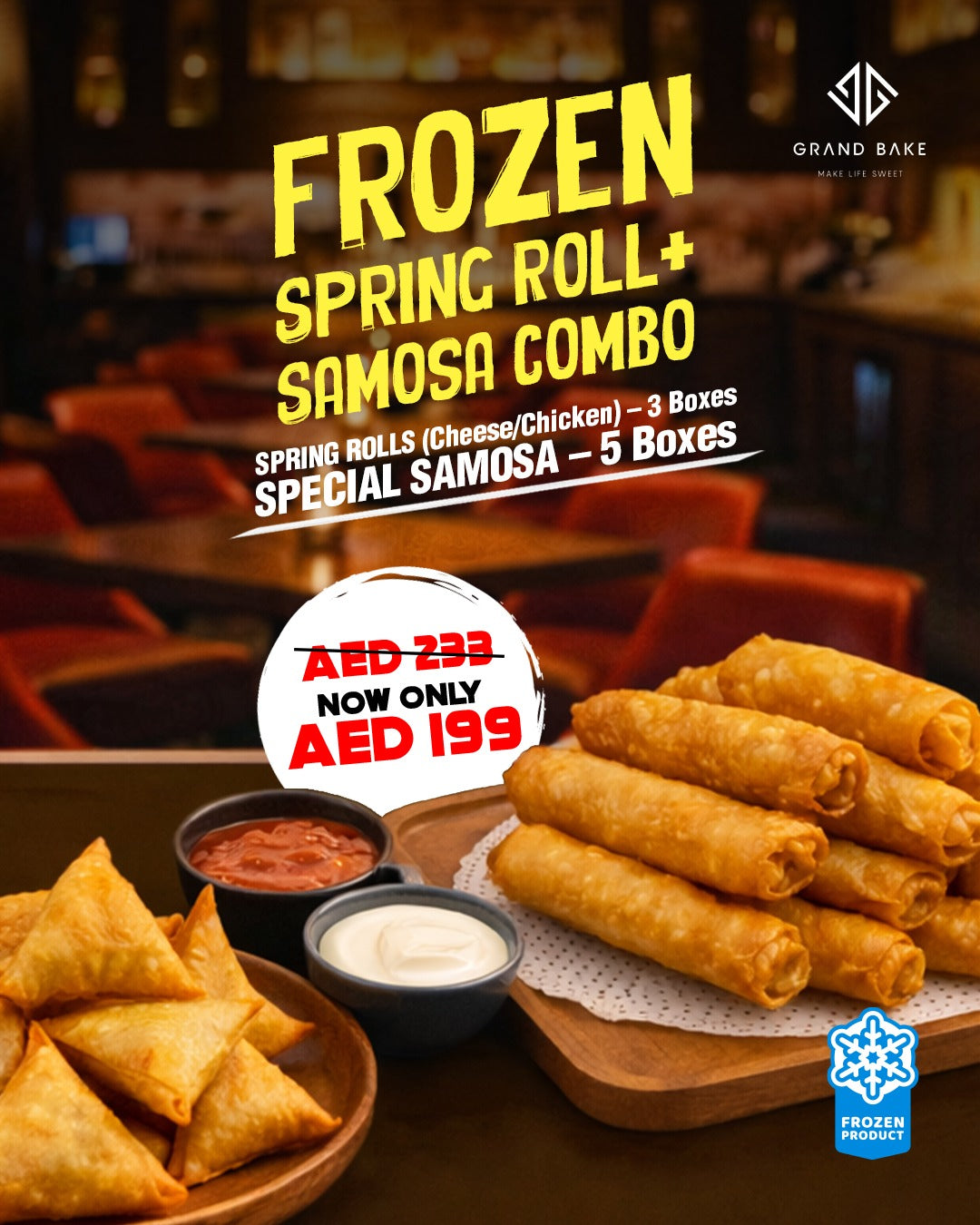 3 boxes of cheese or chicken spring rollsand 5 boxes of special samosa now oly aed 199