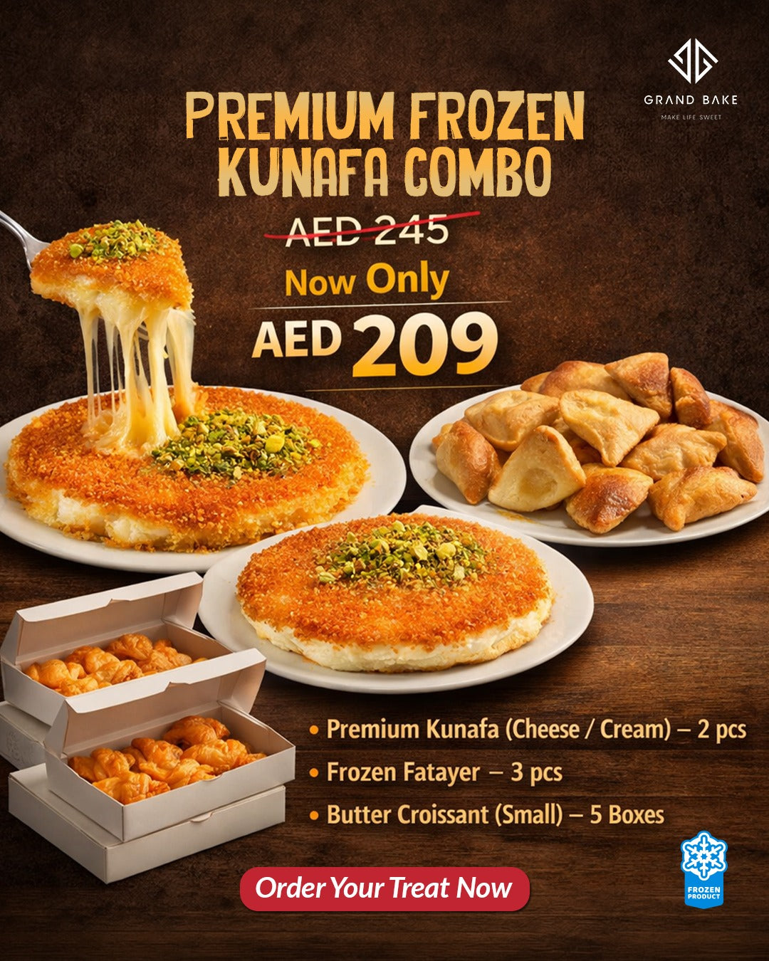 COMBO of Premium frozen kunafa 2 pcs,frozen fatayer 3 pcs and  5 pcsbutter croissant now at AED 209