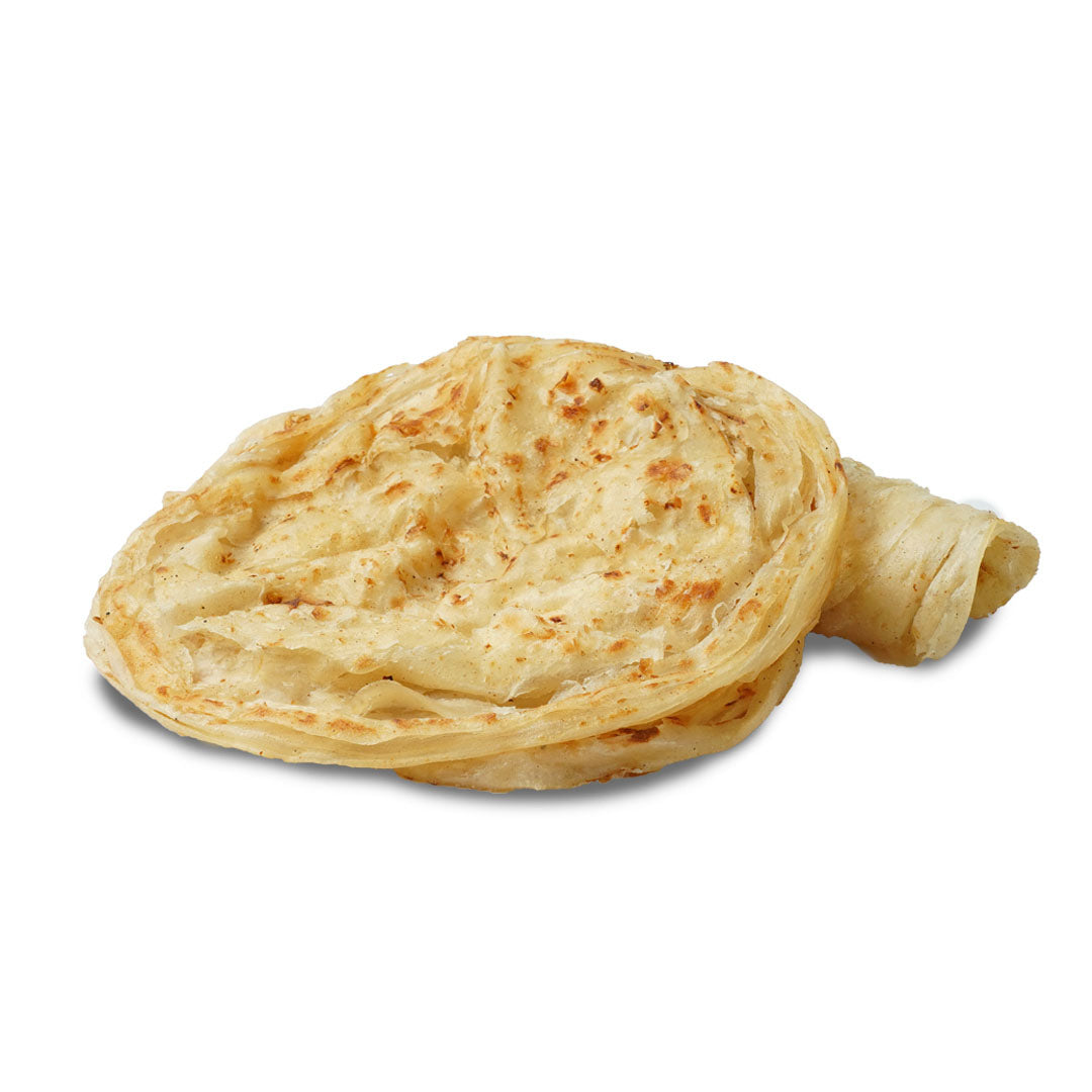 A cooked paratta, ready-to-eat flatbread, on a white background. .Pack of 10 frozen poratta