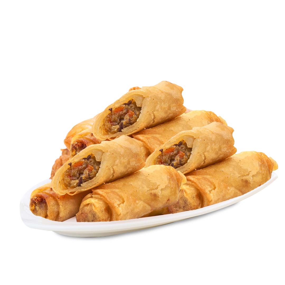 A plate containing twelve spring roll chicken pieces.